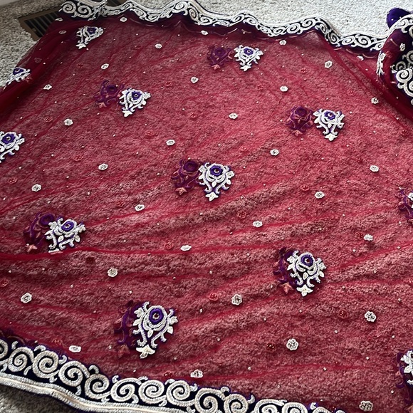 Purple & Red Indian/Pakistani Wedding dress with Swarovski Stone Work and train. - Picture 7 of 16